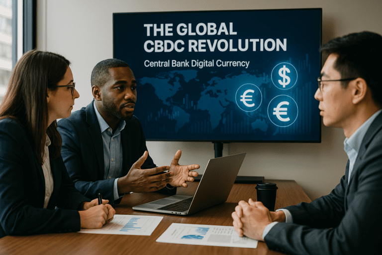 Central bank officials discussing CBDC strategies in a modern conference room with financial charts and global currencies displayed.