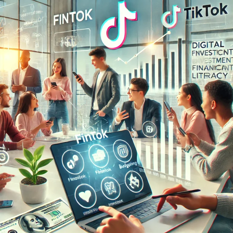 Young adults engaging with financial education content on TikTok, discussing investment tips and budgeting.