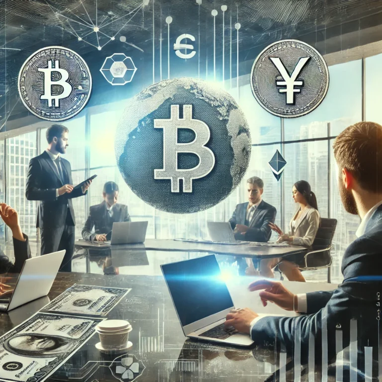 The Growth of Stablecoins: Transforming Enterprise Finance and Cross-Border Commerce Professionals discussing stablecoin use for cross-border finance in a modern office with digital screens displaying financial charts and currencies.