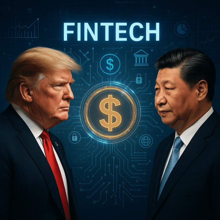 Composite image showing President Trump and China's President with digital finance symbols, representing the geopolitical impact on fintech.