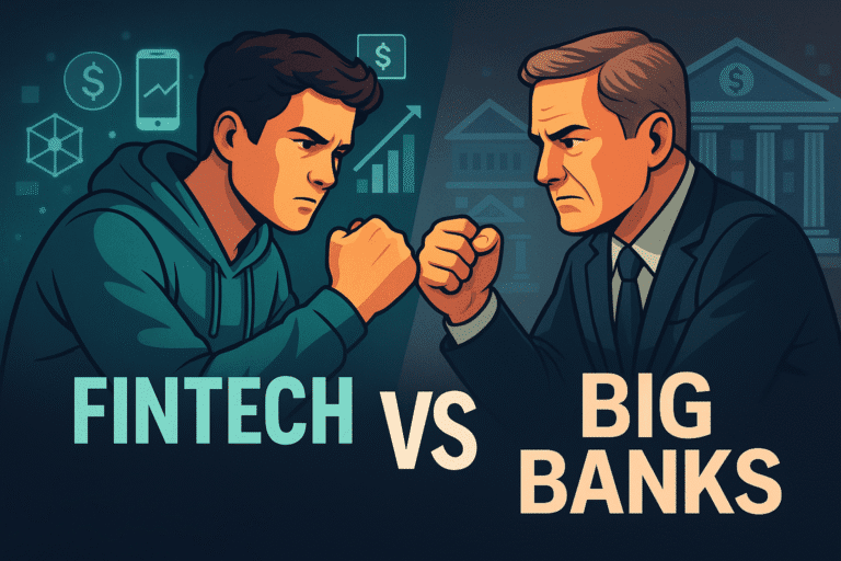 Digital illustration showing a young fintech user facing off against a traditional banker, symbolizing the generational shift in finance led by Gen Z.