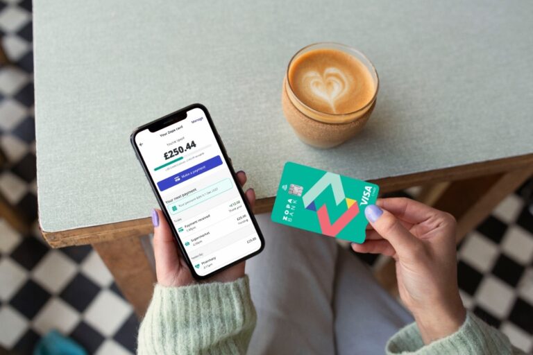 Fintech Bank competes with HSBC and Lloyds in the current account market. Womanholdingzopabankcredit cardandphonewithapp.jpeg