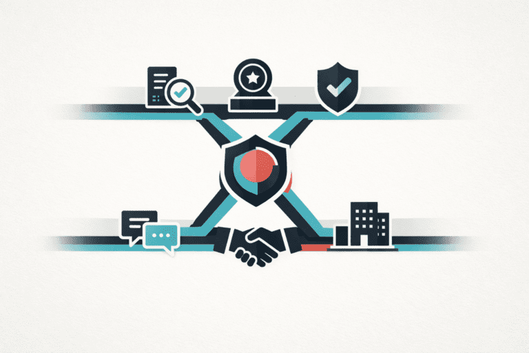 Illustration of a secure fintech system with a central shield connected to audit, identity, and banking icons