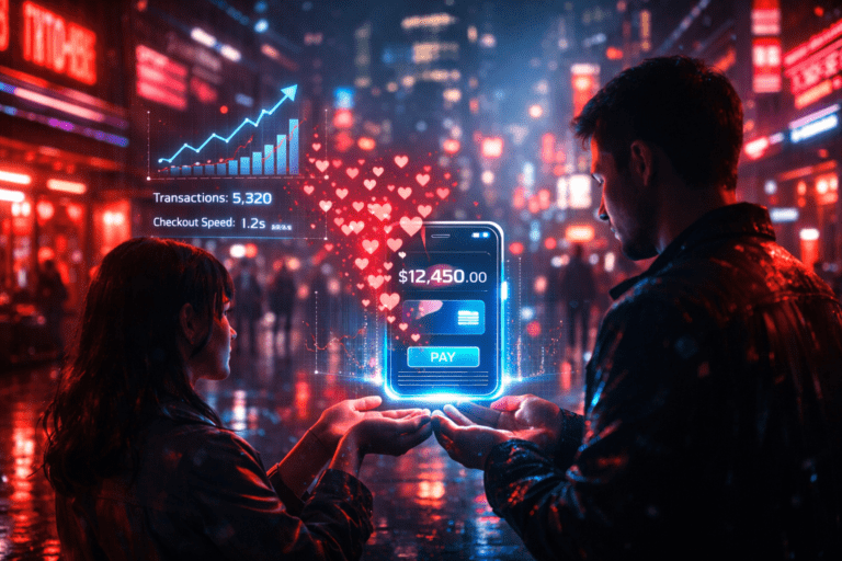 Couple making a mobile payment on a smartphone with a glowing heart in the background, symbolising Valentine’s Day spending and digital checkout.