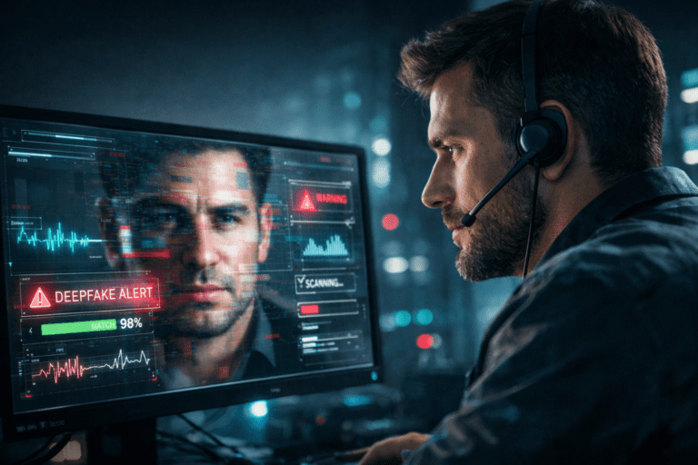 Person facing digital screens showing AI-powered fraud detection and deepfake identity verification threats in fintech