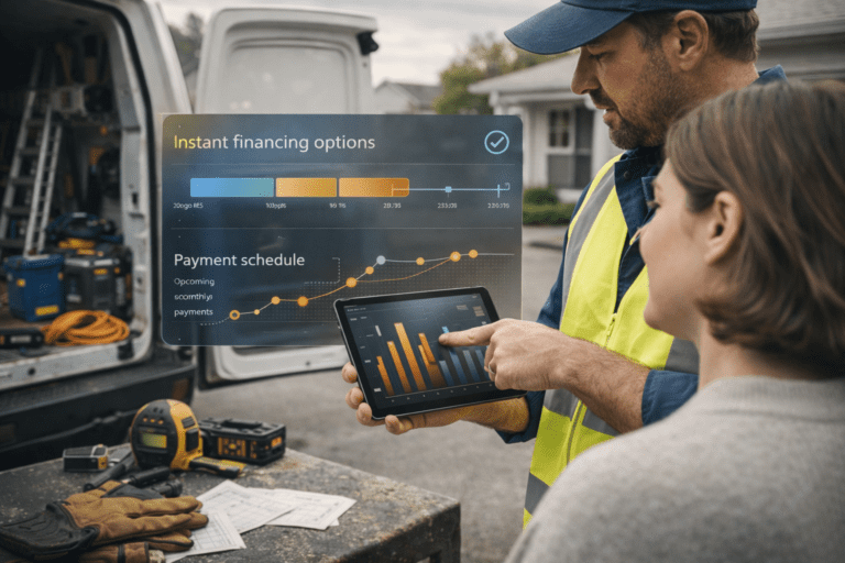 Buy Now, Pay Later Is Quietly Reshaping How Tradespeople Win Work Contractor showing a homeowner financing options on a tablet during a home services job