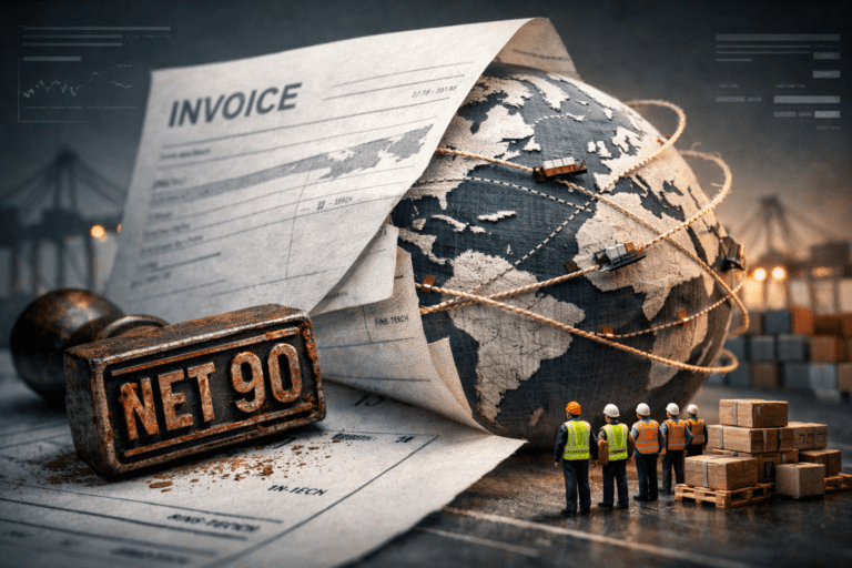 Why Traditional Supply Chains Still Run on Paper, Trust, and Patience Unpaid B2B invoice marked NET 90 sitting on a desk representing late payment challenges in traditional supply chains