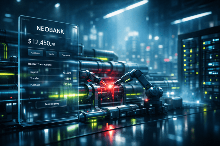 Futuristic digital banking interface representing neobank technology and backend automation for profitability