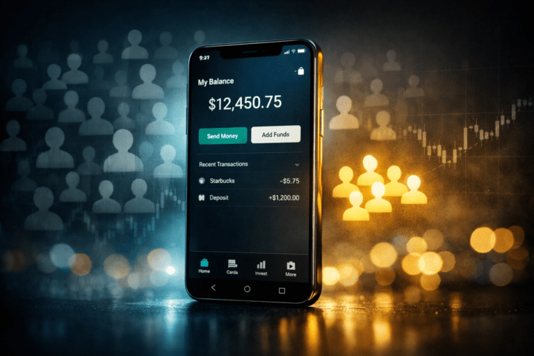 Why Most Neobank Customers Are Worth Almost Nothing (And How to Fix It) Digital banking app interface showing neobank revenue and customer engagement metrics