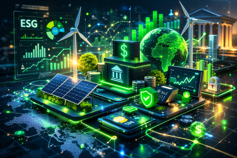 Green fintech ESG data dashboard showing sustainability metrics for lending decisions