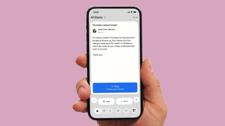 Tinder-inspired email app Avec showing swipe card interface on iPhone