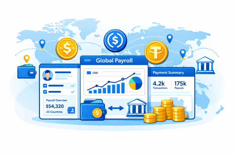 Stablecoins for Payroll: 5 Things Employers Must Know in 2026 Stablecoins for payroll displayed on a digital screen showing a cross-border payment dashboard
