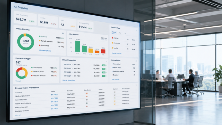 AI in Accounts Receivable: 3 Finance Leaders on What Really Delivers AI in accounts receivable dashboard showing cash application matching and overdue collections prioritization for a finance team