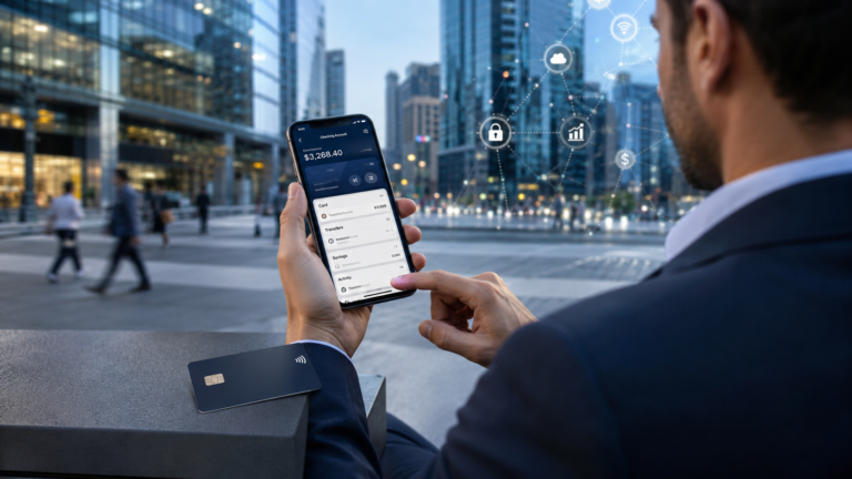 Neobank mobile banking app shown on a smartphone with no physical branch